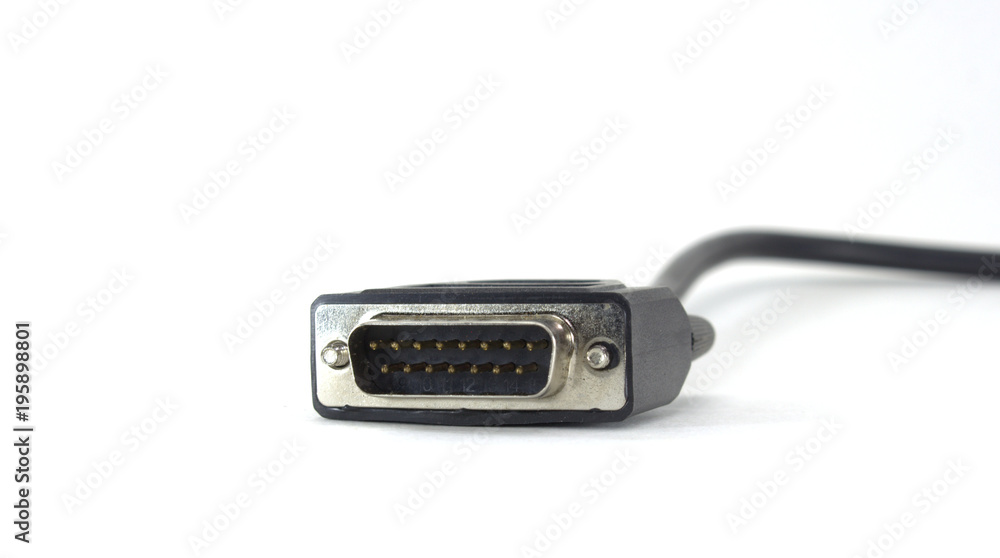 Computer connector of a scanner for car diagnostics on a white background close-up Computer connector of a scanner for car diagnostics on a white background close-up
