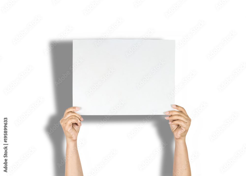 Woman hands holding blank paper for text or image isolated on white background with clipping path. Woman hands holding blank paper for text or image isolated on white background with clipping path.