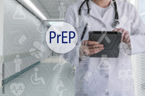 Bilde på lerret PrEP on the touch screen with medicine icons on the background blur Doctor in hospital