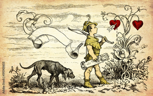 Vintage Valentine card with copyspace  cute Cupid goes hunting for hearts with bow and arrows