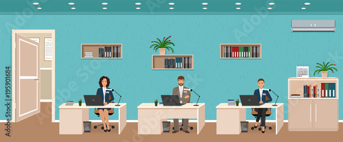 Office room interior with three workplaces, working employee and door outside. Workers sitting at desks.