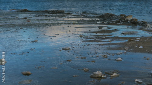 Close up picture of beach's surface. Ice is melted. Sand is wet and dirty. Some sun lights reflects on melted surface of ice cover.