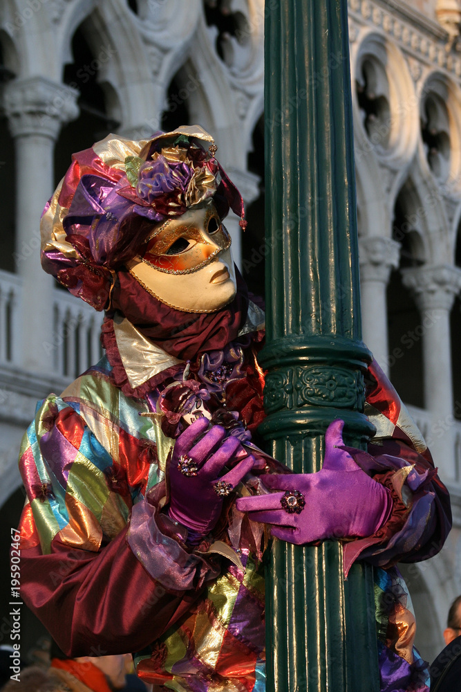 lilac masquerade costume at the Venice carnival, Italy in the February