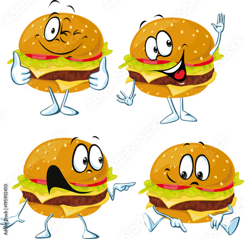 Hamburger cartoon with face and hand gesture - vector illustration