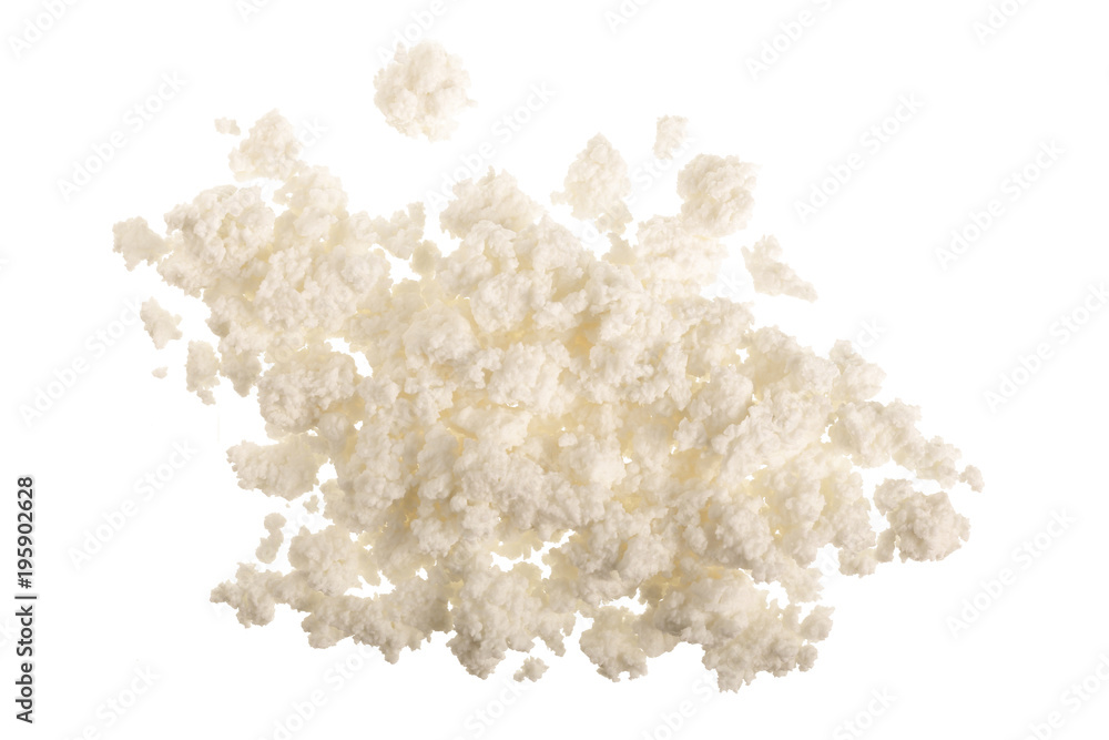 Cottage cheese isolated on white background. Top view. Flat lay