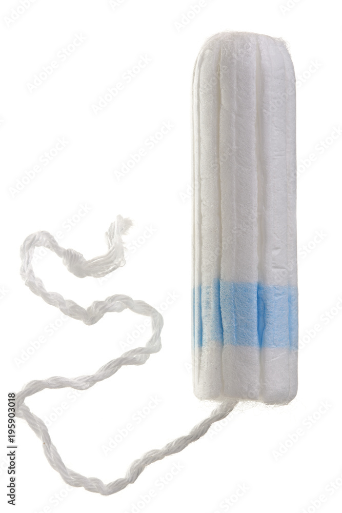 A new tampon with blue string to absorb menstrual blood isolated on