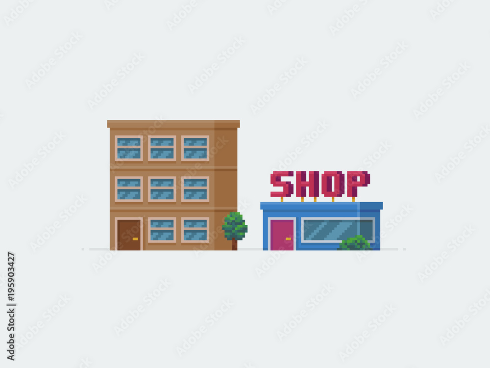 Pixel art multistory condo and shop buildings Pixel art multistory condo and shop buildings