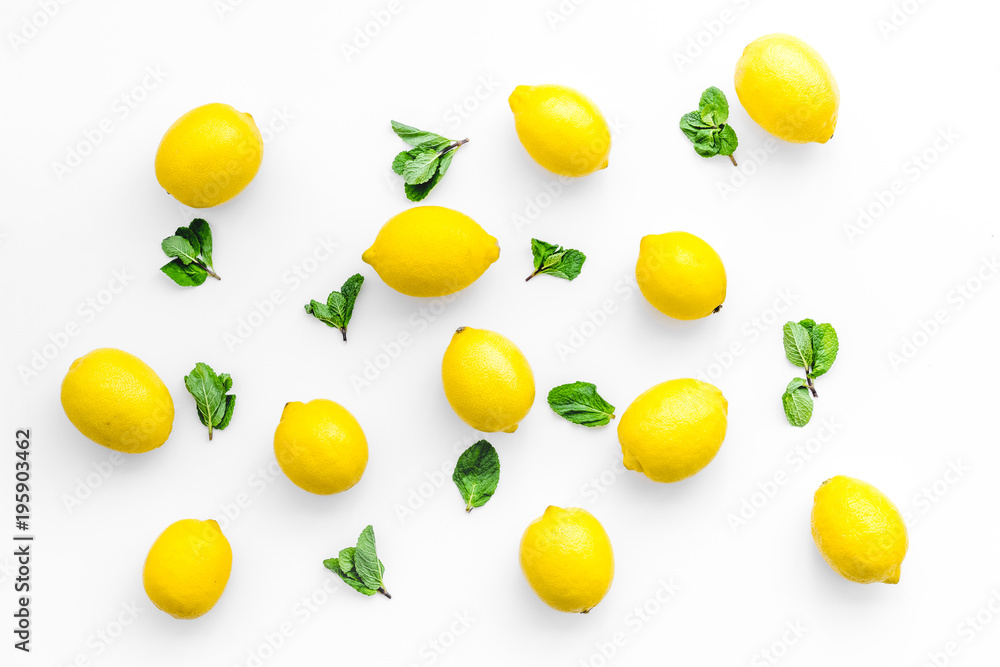 yellow citrus fruit set with lemons white background top view pattern