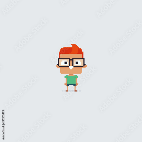 Pixel art clever school boy in big glasses