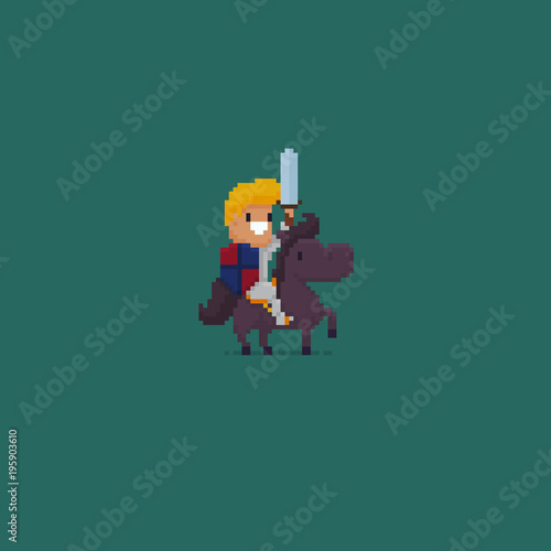 Pixel art knight with sword sitting sitting on horse