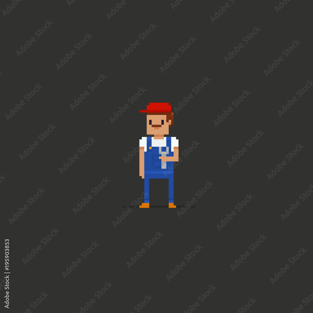 Pixel art plumber with moustache in red cap and blue overalls holding the wrench