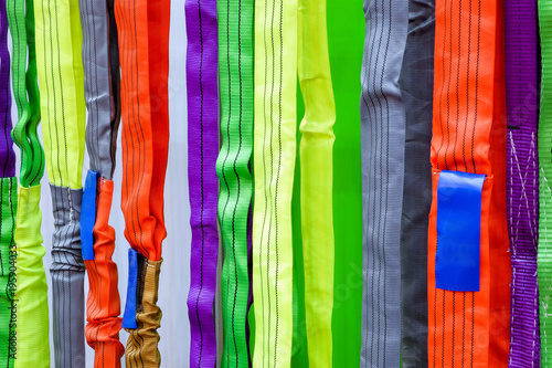Fotografi Multicolored of safety sling, Sling for industrial use during safety on industrial factory, construction and logistics