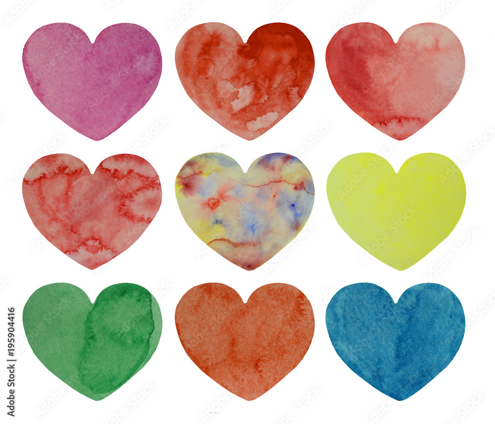 Abstract watercolor hearts collection for design drawn by hand