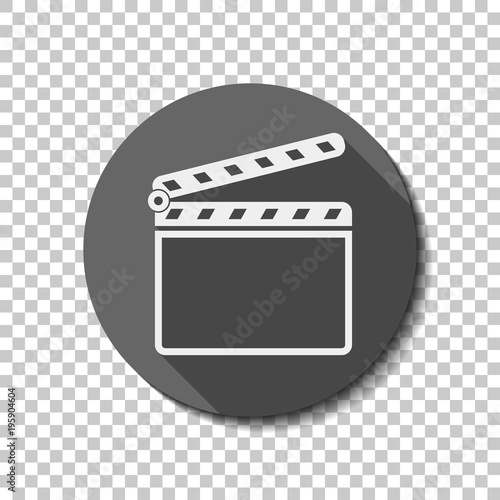 Film clap board cinema open icon. White flat icon with long shadow in circle on transparent background