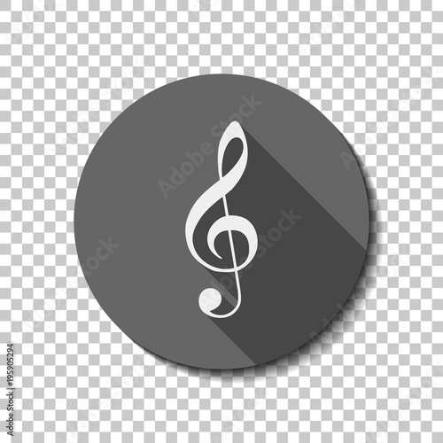 Simple icon of treble key. White flat icon with long shadow in circle on transparent background
