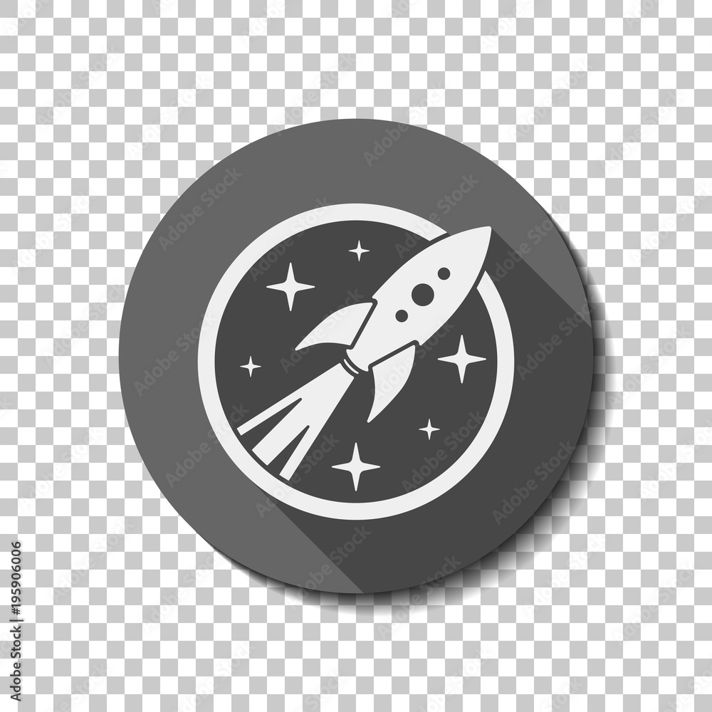 rocket launch with stars in circle icon. White flat icon with long shadow in circle on transparent background