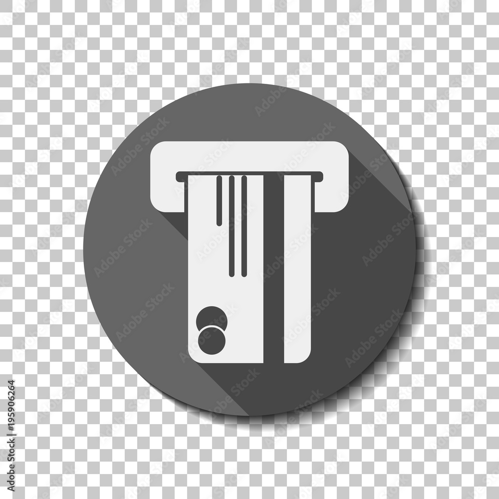 ATM machine and credit card. simple silhouette. White flat icon with long shadow in circle on transparent background ATM machine and credit card. simple silhouette. White flat icon with long shadow in circle on transparent background