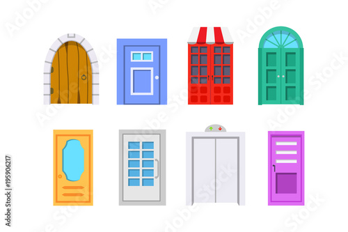 Set entrance door front view. homes and buildings vector element in cartoon style.