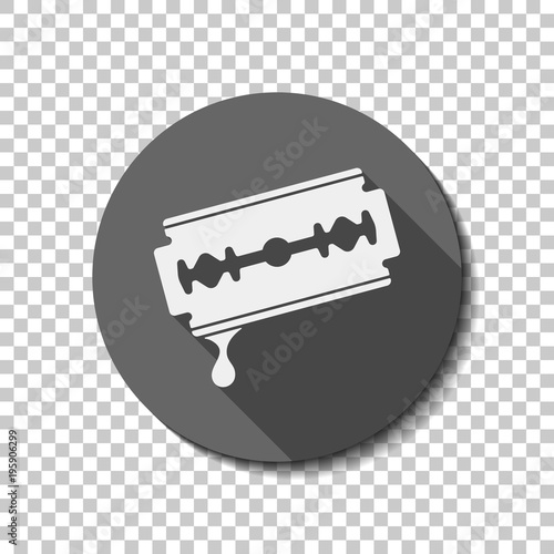 blade with drop of blood. simple silhouette. White flat icon with long shadow in circle on transparent background