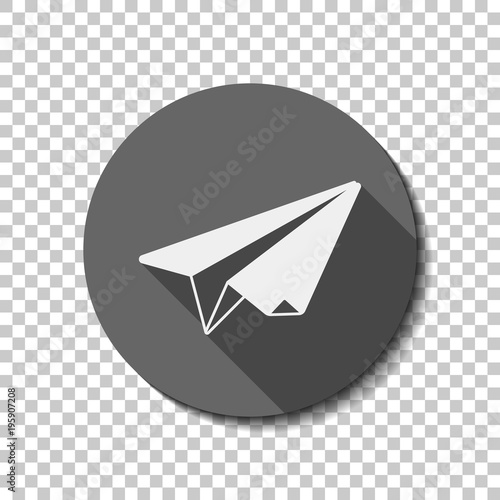 paper plane. origami glider. White flat icon with long shadow in circle on transparent background