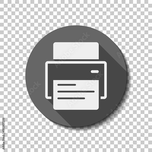 printer and paper. White flat icon with long shadow in circle on transparent background