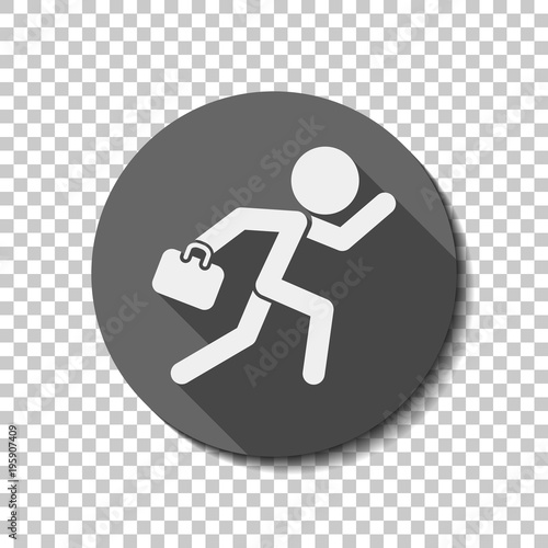 running man with case. White flat icon with long shadow in circle on transparent background