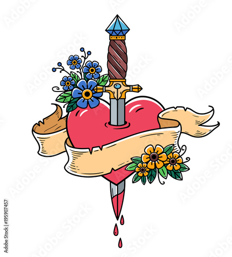 Heart decorated with flowers pierced with dagger.Tatoo ancient dagger piercing heart with dripping blood.Love.Old school