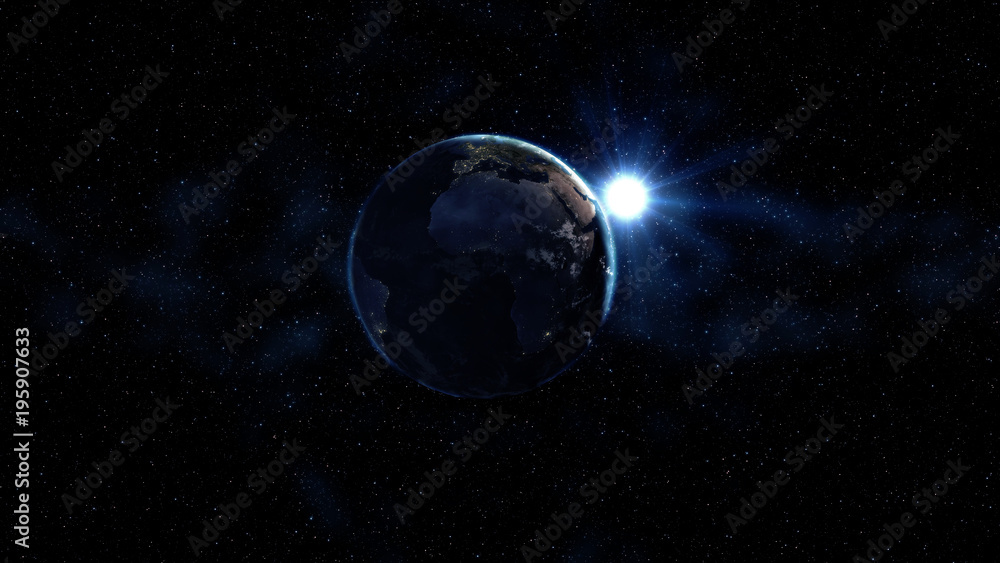 Fototapeta premium Sunrise view from space on Planet Earth. South America zone. World in black Universe in stars. High detailed 3D Render animation. Realistic world globe. Elements of this image furnished by NASA
