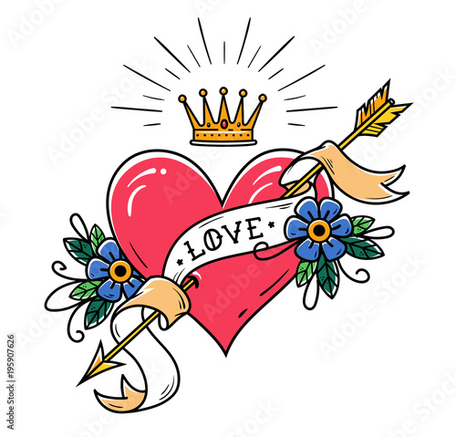 Tattoo heart pierced by gold arrow with ribbon , flowers and radiant gold crown. Old school tattoo.