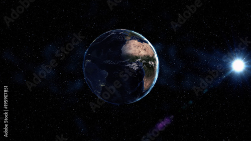 Sunrise view from space on Planet Earth. South America zone. World in black Universe in stars. High detailed 3D Render animation. Realistic world globe. Elements of this image furnished by NASA