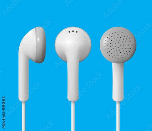 Realistic white earphones. Isolated vector of earbuds.