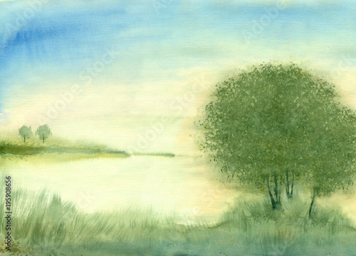 Watercolor painting nature background. Dawn on the lake in summer.