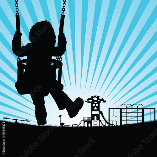 child silhouette cute on swing in playground illustration