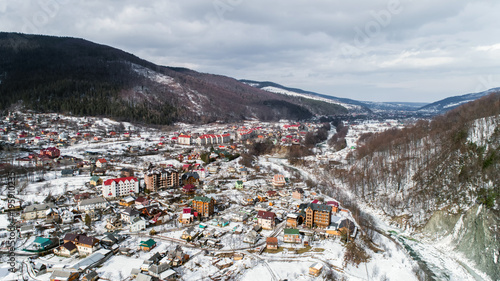 Aerial view of Carpathian mountains in winter, Yaremche, Ukraine. © ronedya