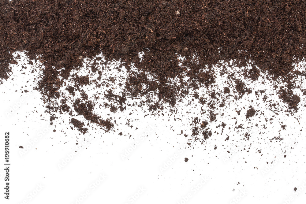 Pile heap of soil isolated on white background with copy space for your text. Top view Pile heap of soil isolated on white background with copy space for your text. Top view