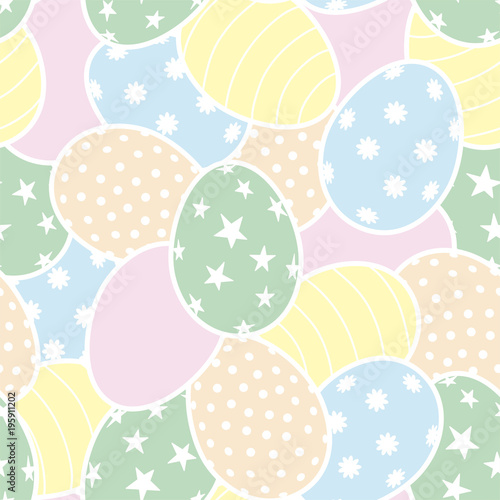 Easter seamless pattern with yellow, pink, blue and green eggs. Vector.
