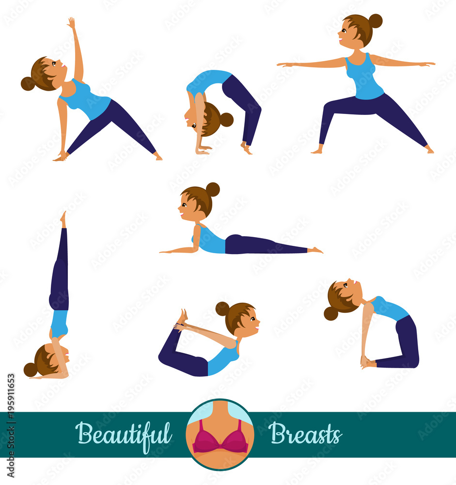 set of exercises to maintain a beautiful breast shape. A girl doing various yoga poses. Vector. Poster, leaflet.