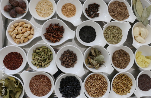 assortment of spices in the bowls