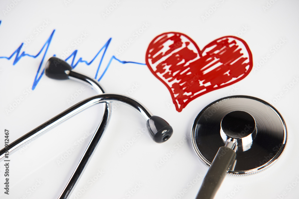 Cardiogram pulse trace with red heart and medical stethoscope concept for  cardiovascular medical exam on a white background with copy space, top  view. Healthcare concept Stock Photo | Adobe Stock