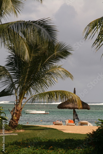 coastline with sun umbrellas and sand at the Mauritius resort