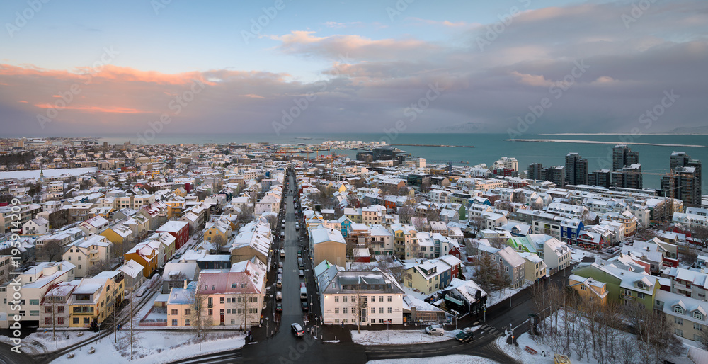Downtown Reykjavik from above during winter