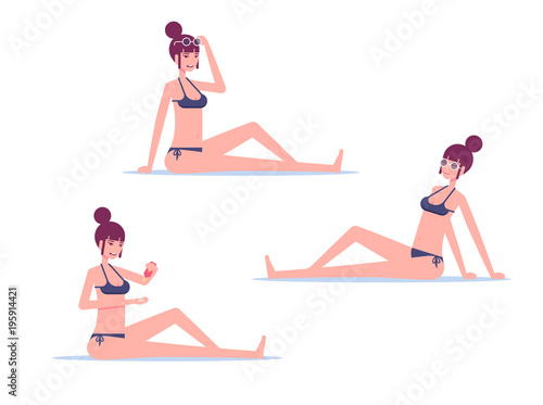 Set of women in bikinis or swimsuit lying and sunbathing vector flat illustration isolated on white. Young woman in sunglasses and swimsuit is smeared with sunscreen and enjoying summer vacation.