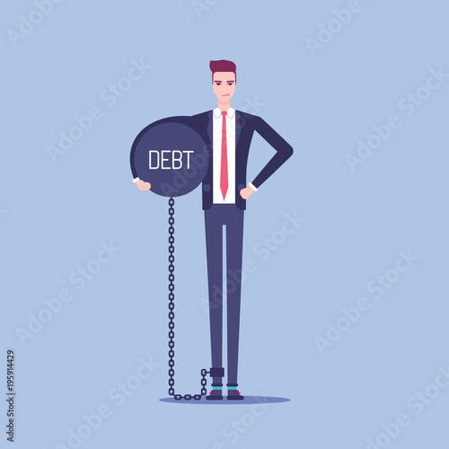 Businessman chained to a heavy steel ball with the inscription debt vector flat illustration. Unhappy male office employee holding in his hand a heavy metal ball. Business concept burden