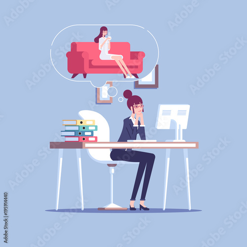 Tired businesswoman working at the table and thinking to relax at home on the sofa with a cup of coffee. Female office employee overloaded at work and dream about the rest vector flat illustration