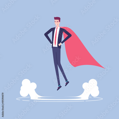 Businessman superhero levitating above the ground vector flat illustration. A man in formal wear and with a red cape  flies up. Business concept strength and leader