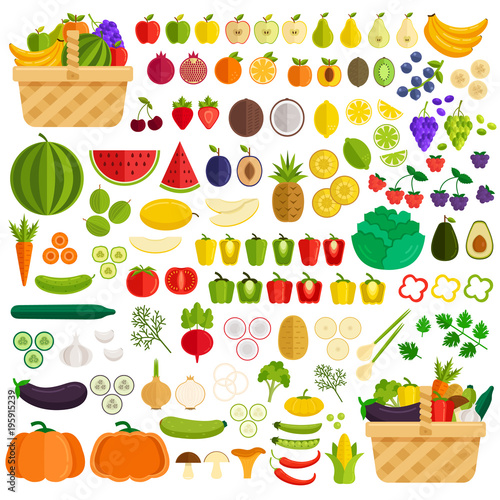 Vegetables and fruits flat icon isolated simple set. Ingredients in basket. Vector flat cartoon illustration