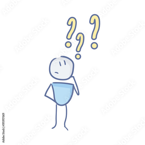 Little character is thinking under question marks. Doubts and questions concepts. Problem solving. Vector doodle illustration