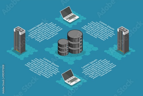 Isometric data center infographic. Computer room server and technology communications.