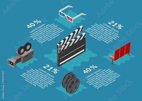 Cinema isometric infographic 3d illustration vector
