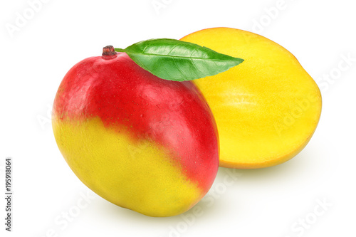 Mango fruit and half with leaf isolated on white background close-up